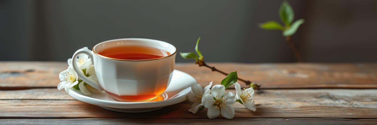 Warm cup of tea on a rustic wooden table with delicate flowers beside it